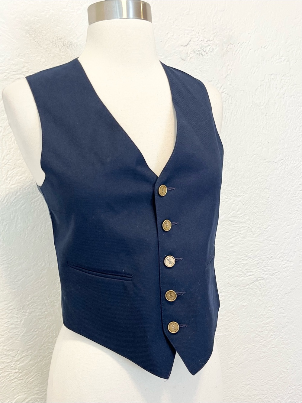 Vintage Yves Saint Laurent YSL Vest Navy Blue Brass Buttons XS Extra Small - Picture 12 of 14
